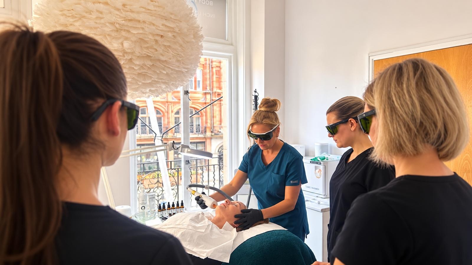 Aesthetics students in protective eyewear observing a laser skin treatment on a live model in the Valessa Aesthetics Institute training room in Liverpool